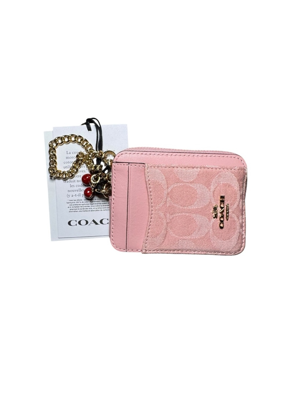 COACH Pink Signature Denim Zip Card Case
In With Gold Chain and Charm NWT
